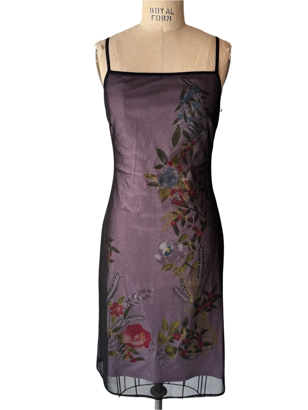 Vintage 90s Hot Kiss Purple Black Mesh Floral Midi Dress